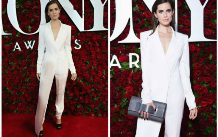 Allison Williams in white pant suit from DKNY