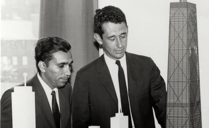 Fazlur Khan and Bruce Graham with a model of the John Hancock Center (K & S PhotoGraphics, courtesy of Skidmore, Owings & Merrill LLP) 