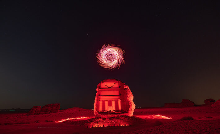 Sculptures of Light Draw the Skies Above the Ancient UNESCO World Heritage Site of Hegra in AlUla, the Majestic Desert City in Northwest Arabia