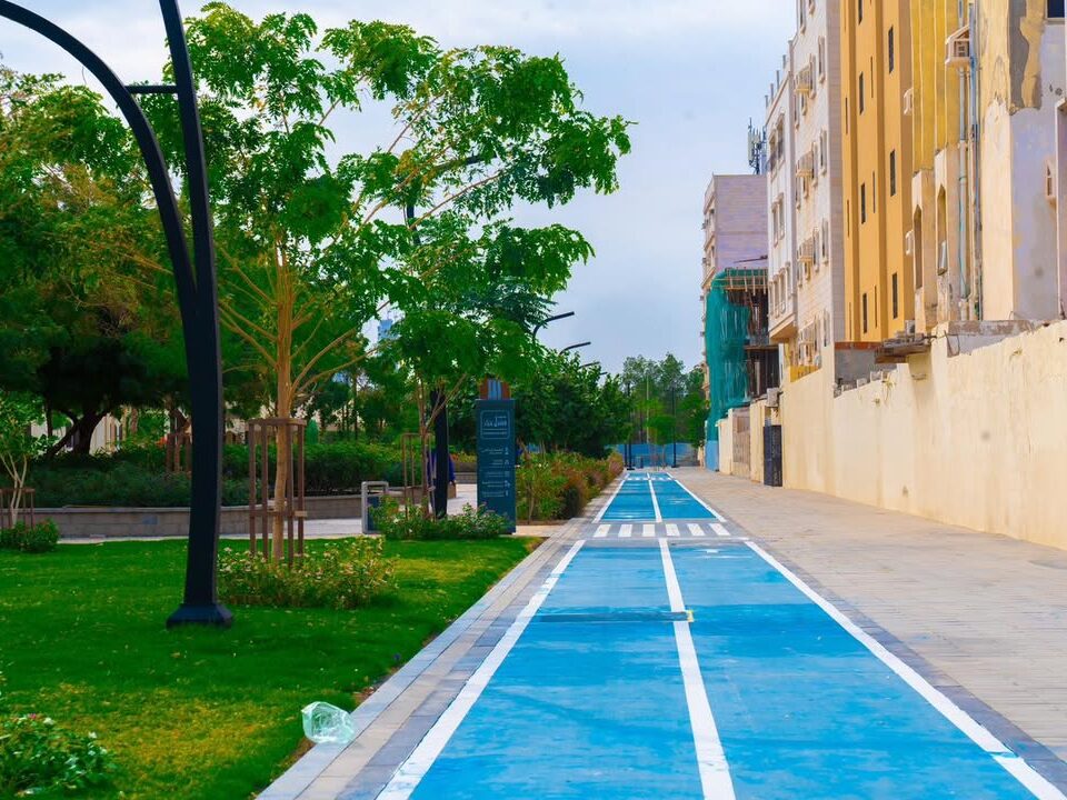 Tree-lined walkway at Hiraa Walkway in Jeddah, featuring paved paths surrounded by greenery.